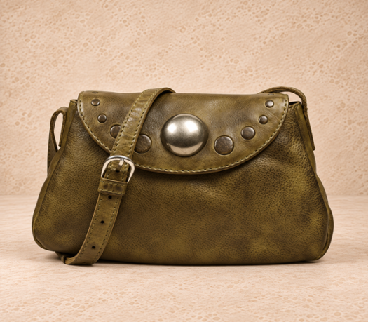 Olive-brown studded crossbody bag AIL-HB-0035 shown from the front