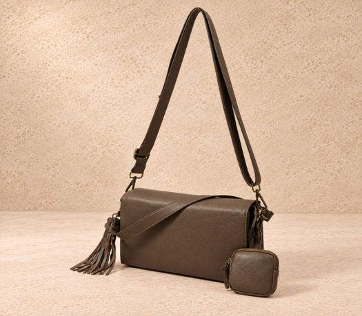 Taupe asymmetric-flap crossbody bag AIL-HB-0080 with matching pouch, front angled view