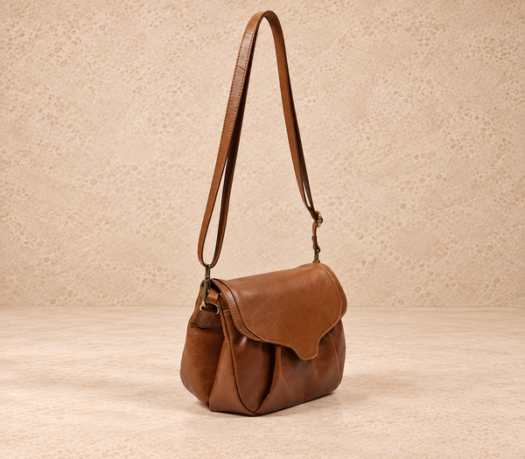 Cognac gathered crossbody bag AIL-HB-0100 shown from a front angled view