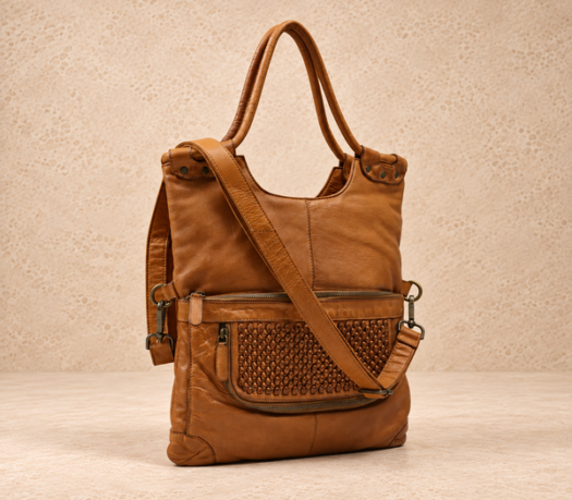 Tan woven-pocket tote bag AIL-HB-0103 shown from a front angled view