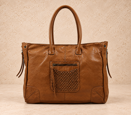 Large tan woven-panel tote bag AIL-HB-0104 shown from the front