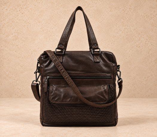 Dark brown woven-panel handbag AIL-HB-0106 shown from the front