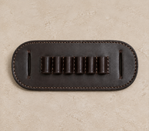 Dark Brown Leather Hunting Cartridge Holder AIL-HP-0009 overhead front view on warm limestone studio background