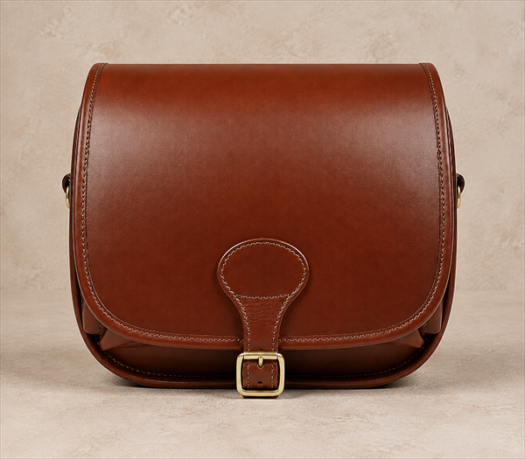 Cognac Brown Leather Hunting Bag AIL-HP-0011 front view on warm limestone studio background