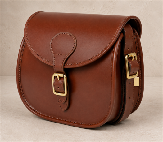 Cognac Brown Leather Hunting Bag AIL-HP-0014 front three-quarter view on warm limestone studio background