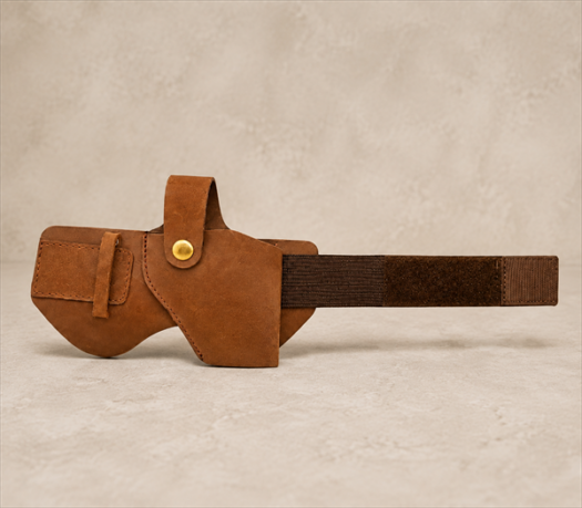 Brown pistol holster AIL-HP-0029 side flat-lay view on warm limestone studio background