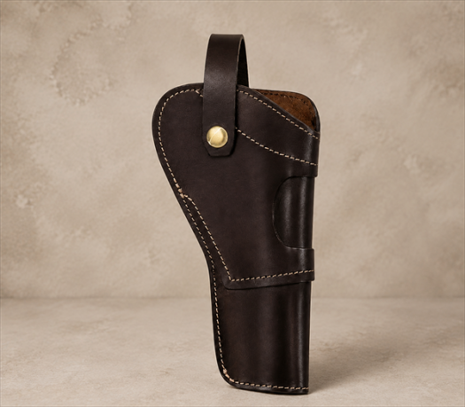 Dark Brown Leather Pistol Holster AIL-HP-0030 front view on warm limestone studio background