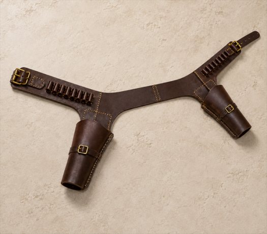 Dark Brown Leather Dual-Holster Cartridge Harness AIL-HP-0031 overhead flat-lay view on warm limestone studio background