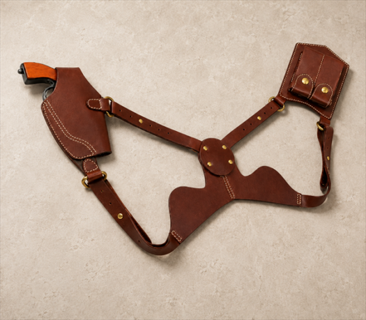 Brown Leather Shoulder Holster Harness AIL-HP-0032 overhead flat-lay view on warm limestone studio background