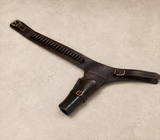 Dark Brown Leather Cartridge Bandolier Holster AIL-HP-0033 shallow overhead flat-lay view on warm limestone studio background