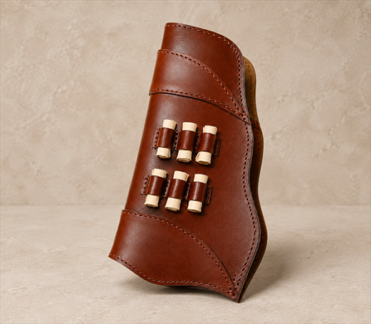 Cognac brown pistol holster with cartridge loops AIL-HP-0035 front three-quarter view on warm limestone studio background