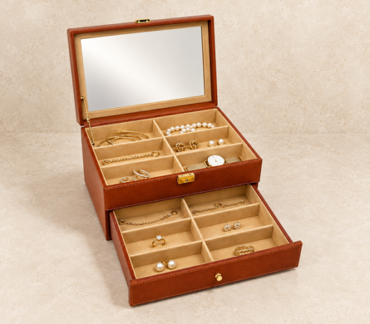 Open cognac leather two-level jewellery box AIL-LDA-0001 with divided trays and pull-out drawer, front angled view