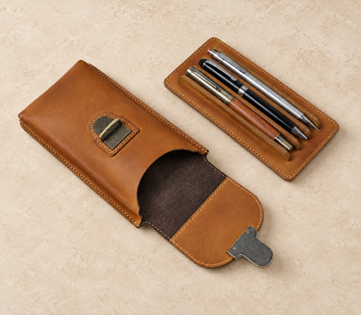 Open tan leather pen pouch AIL-LDA-0010 with removable three-channel insert, elevated angled view