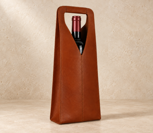 Upright cognac leather single-bottle carrier AIL-LDA-0020 with integrated cut-out handle, front angled view