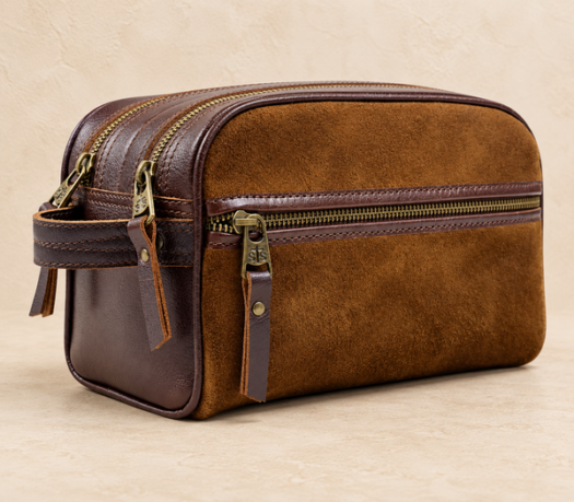 Brown suede and smooth leather wash bag AIL-LG-0035, three-quarter view