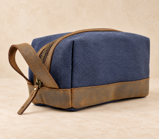 Navy canvas and brown distressed leather wash bag AIL-LG-0037, three-quarter view