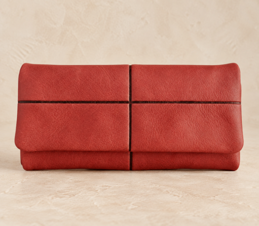 Red leather segmented fold-over long wallet AIL-LW-0057, three-quarter view