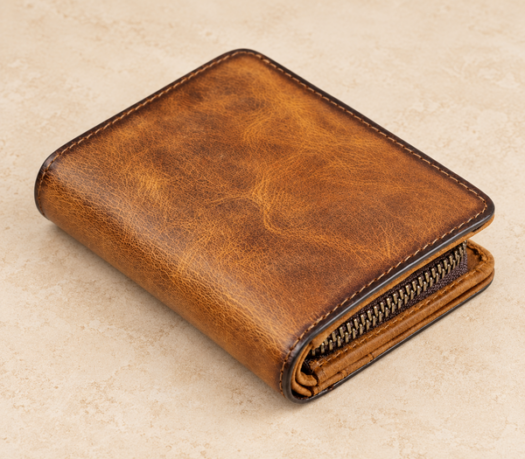 Tan distressed leather zip-around organiser wallet AIL-LW-0058, three-quarter view