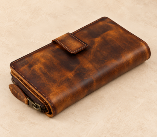 Tan distressed leather long wallet with front flap AIL-LW-0059, three-quarter view