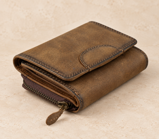 Brown distressed leather zip wallet with front flap AIL-LW-0060, three-quarter view