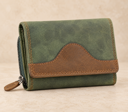 Olive and brown distressed leather wallet AIL-LW-0061, three-quarter view