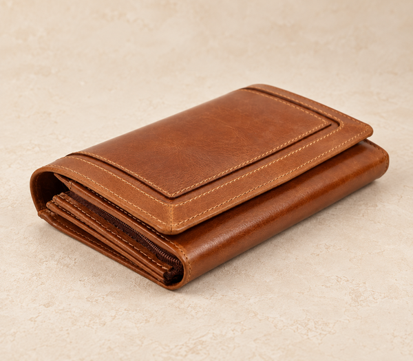 Tan leather accordion organiser wallet AIL-LW-0070, three-quarter view