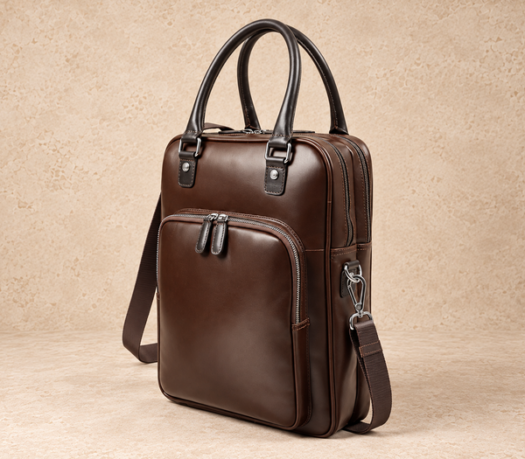 Dark brown leather multi-compartment messenger bag AIL-MB-0004 shown from a front angled view
