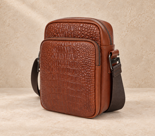 Cognac crocodile-embossed leather crossbody bag AIL-MB-0007 shown from a front angled view