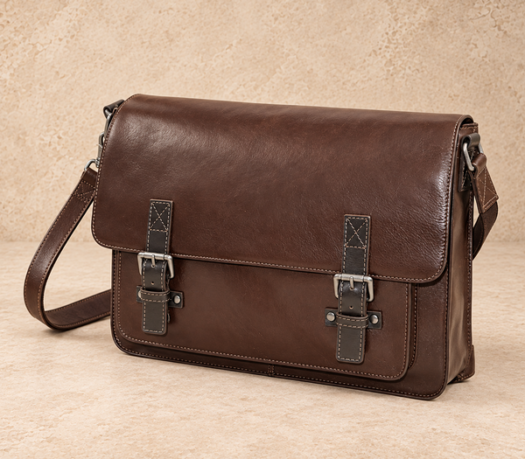 Dark brown leather flap messenger bag AIL-MB-0019 with twin buckle straps shown from a front angled view