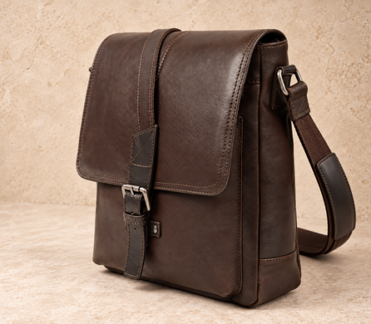 Dark brown distressed leather vertical messenger AIL-MB-0024 shown from a front angled view