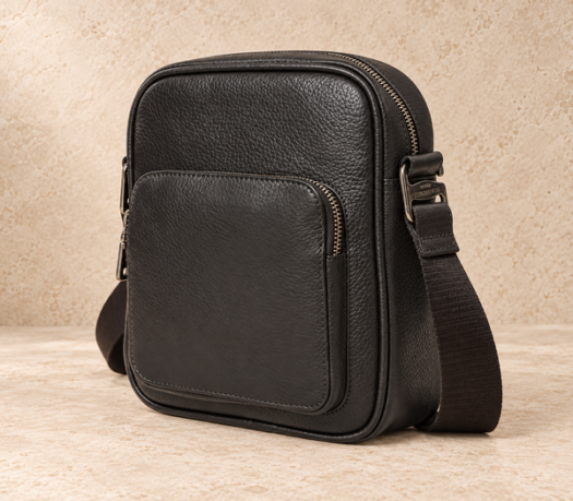 Dark brown pebbled leather reporter bag AIL-MB-0025 shown from a front angled view