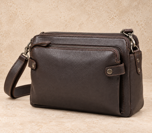 Dark brown compact leather zip messenger AIL-MB-0028 shown from a front angled view