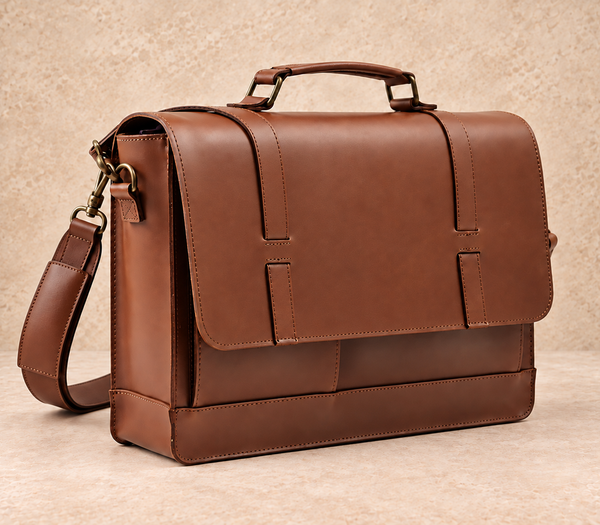 Cognac structured leather business messenger AIL-MB-0032 shown from a front angled view