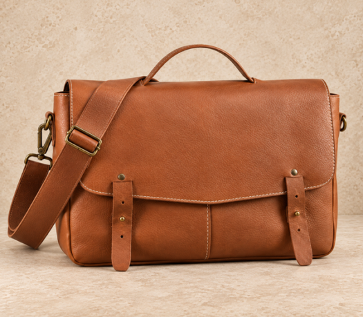 Tan distressed leather satchel messenger bag AIL-MB-0041 shown from a front angled view