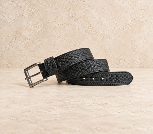 Black textured men’s belt AIL-MBELT-0007 in a coiled front view