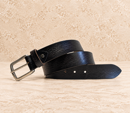 Black lightly grained men’s belt AIL-MBELT-0008 in a coiled front view