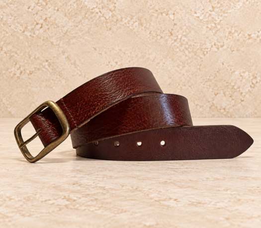 Reddish-brown textured men’s belt AIL-MBELT-0009 in a coiled front view