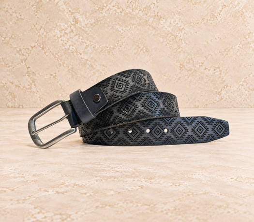Black geometric embossed men’s belt AIL-MBELT-0011 in a coiled front view