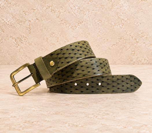 Olive perforated men’s belt AIL-MBELT-0012 in a coiled front view