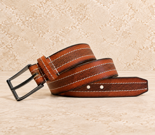 Cognac distressed men’s belt AIL-MBELT-0013 in a coiled front view