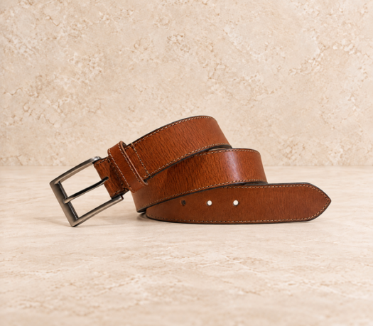 Tan stitched men’s belt AIL-MBELT-0014 in a coiled front view