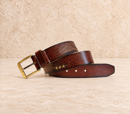 Dark cognac stitched men’s belt AIL-MBELT-0015 in a coiled front view