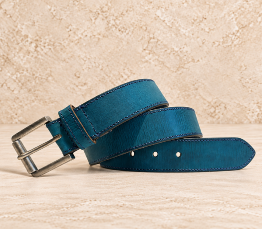 Teal-blue textured men’s belt AIL-MBELT-0019 in a coiled front view