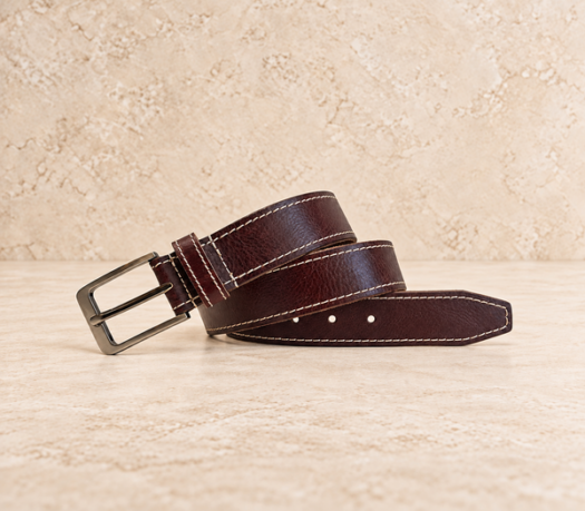 Burgundy stitched men’s belt AIL-MBELT-0021 in a coiled front view