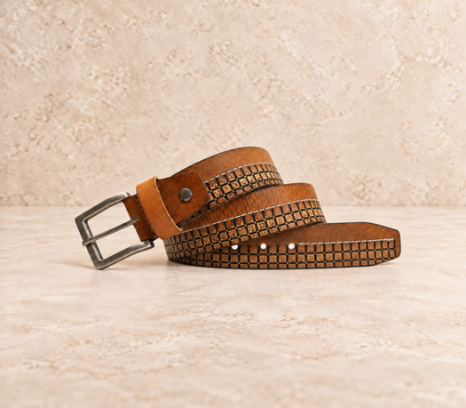 Tan grid-patterned men’s belt AIL-MBELT-0022 in a coiled front view