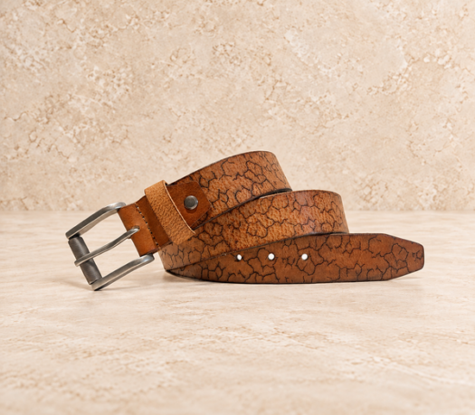 Tan crackle-finish men’s belt AIL-MBELT-0023 in a coiled front view