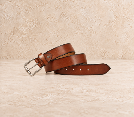 Classic cognac men’s belt AIL-MBELT-0025 in a coiled front view