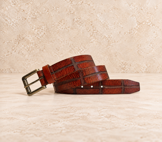 Red-brown checked embossed men’s belt AIL-MBELT-0027 in a coiled front view