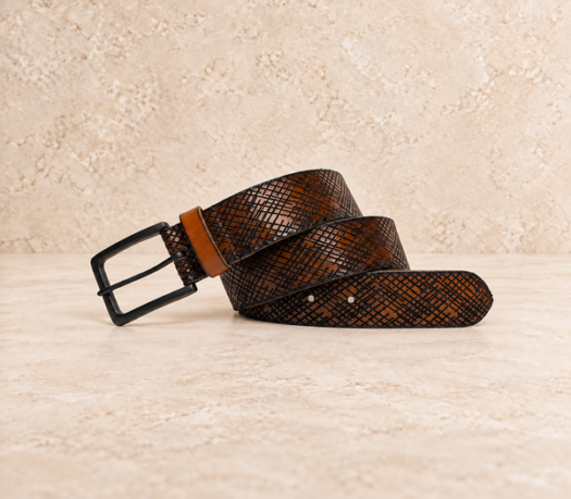 Dark brown basket-weave men’s belt AIL-MBELT-0046 in a coiled front view
