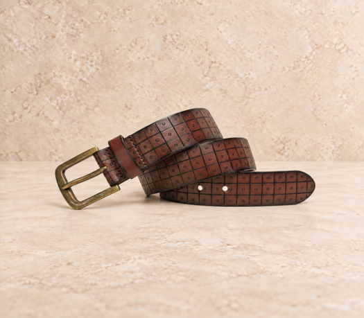 Brown grid-embossed men’s belt AIL-MBELT-0047 in a coiled front view